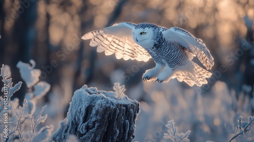 A silhouette of a snowy owl landing softly on a broken tree stump
