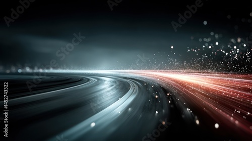 A dynamic, blurred, curved racing track with streaks of light and particles.  Speed and futuristic energy