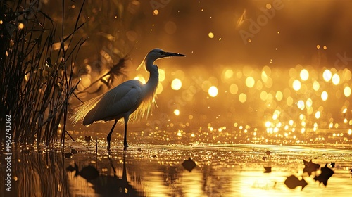 A silhouette of a snowy egret wading through tall reeds beside a sparkling river