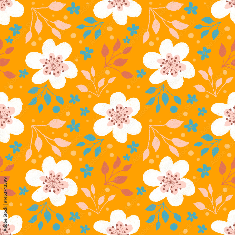 Colorful repeated pattern with white flowers and blue leaves on a orange background. Hand-drawn style.