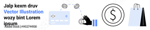 Credit card, hand transferring coins, money icon, and shopping bag symbolizing finance. Ideal for banking, payment, ecommerce, business, savings transactions and a simple landing page