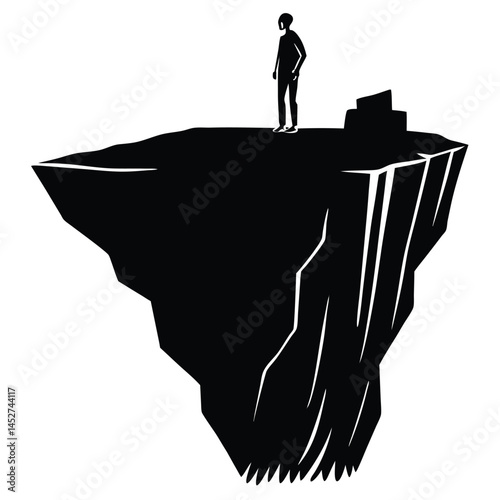 Silhouette of a Person Standing on a Cliff Edge, Risk, Isolation, Vector Art