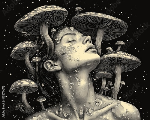 Surreal portrait of a woman surrounded by mystical mushrooms in a starry backdrop