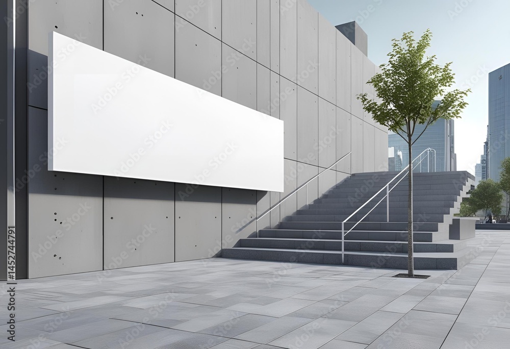 Obraz premium Blank outdoor billboard mockup on modern concrete building with cityscape background, perfect for advertisement mockup, commercial design, and branding concepts.