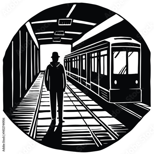 Linocut Art of Man Walking on Subway Tracks with Train in Black and White