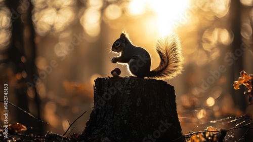 A silhouette of a squirrel nibbling on an acorn atop a tree stump in the forest