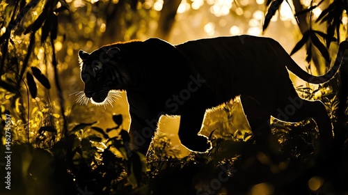 A silhouette of a tiger carefully moving through jungle undergrowth