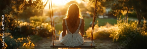 Woman on swing, golden hour, garden, peaceful moment, peaceful