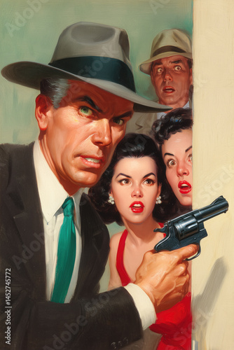 Classic Detective with Two Women in a Suspenseful Noir Scene