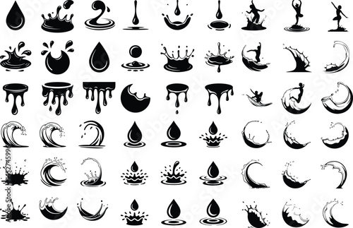 Water Splash Silhouette Set | Drip, Splash, Liquid Icons Splash Shapes Vector Silhouettes | Water Drop Design Set