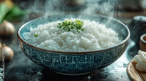 Steaming white rice in a decorative bowl, on a dark surface, with other food items visible. Possible use stock photo for cooking, food, or Asian cuisine