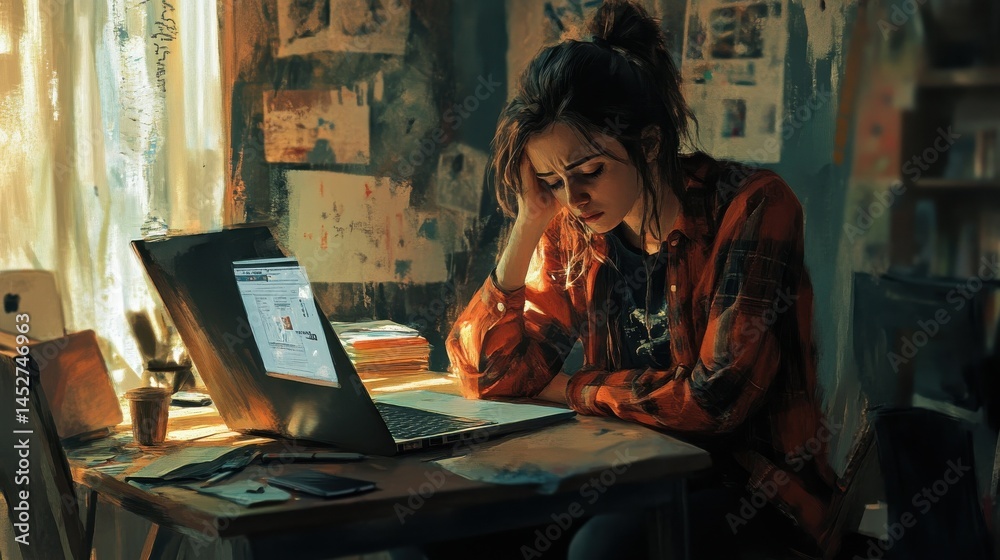 Fototapeta premium Sad and tired woman with PPD working beside table, looking on laptop, sitting in messy room illustration