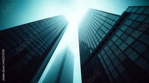 Reflective skyscraper business office buildings. Bottom up view of big modern city urban landscape