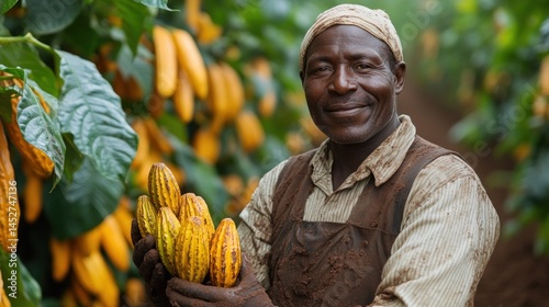 African farmer holding cacao pods in a plantation