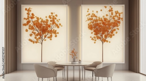 Minimalist dining room with autumnal art