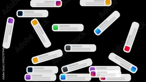 Social media messages fall and stack, covering entire screen. Alert drop from top to bottom. Messenger notifications chaos, social overload, or live chat spam animation. Transparent video overlay, 4K