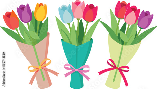 Bouquet of spring fresh flowers wrapped in gift paper, 3 Bouquets of tulips for mother
