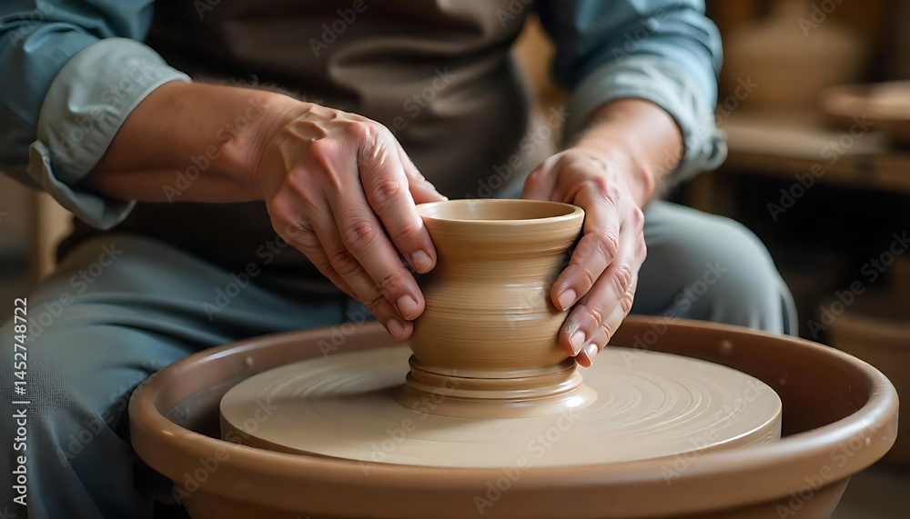 Old male potter, An elderly Caucasian man's hands working on a pottery wheel, creating a clay pot, Concept of ceramic art, created with generative ai Old male potter, An elderly Caucasian man's hands working on a pottery wheel, creating a clay pot, Concept of ceramic art, created with generative ai