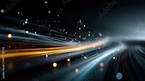 Abstract digital motion blur, streaks of light, and particles.  Dark background with swirling, dynamic lines of light and particles, creating a sense of speed and futuristic energy