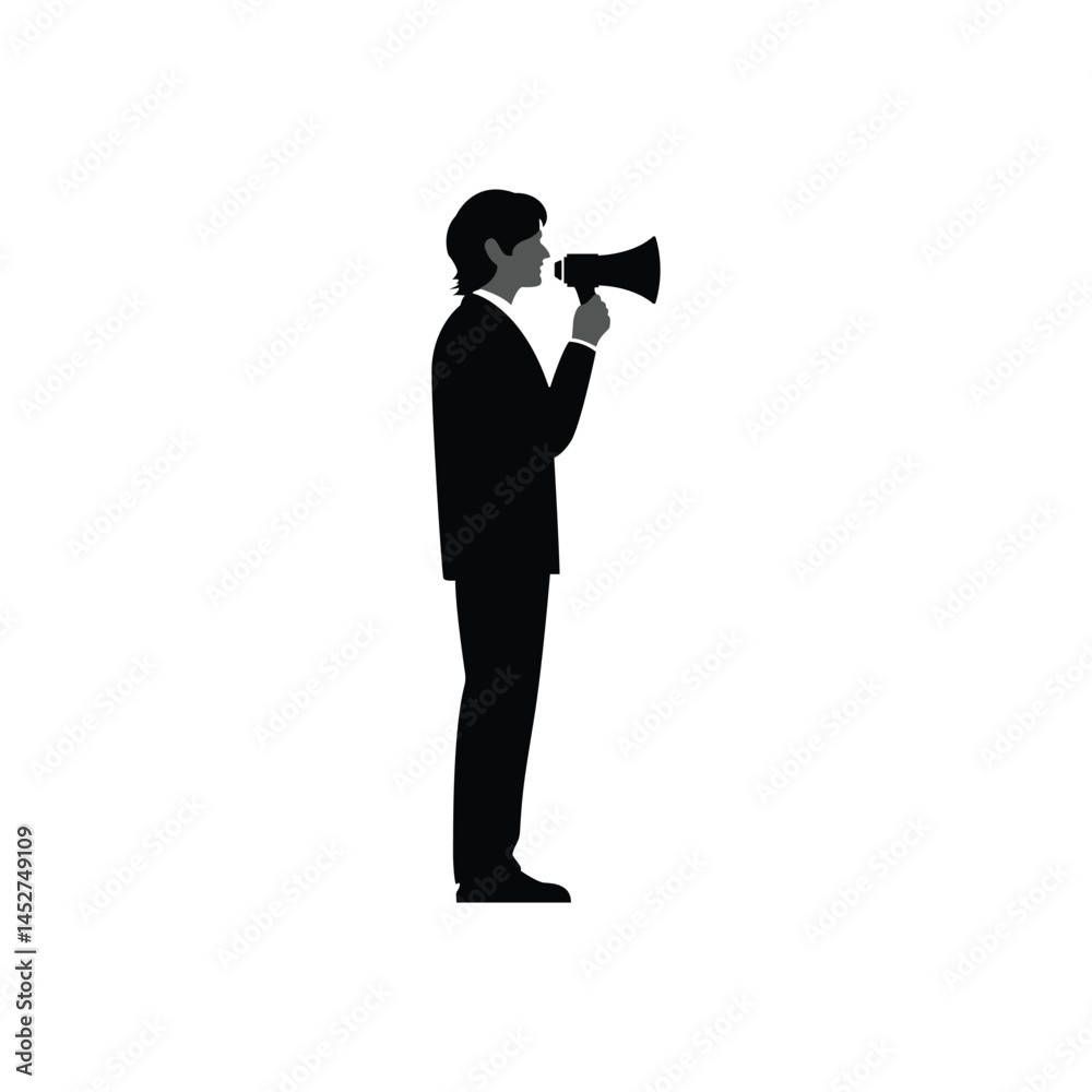 Black Silhouette of a Man Shouting in Megaphone – Protest, Announcement, and Public Speaking Icon Black Silhouette of a Man Shouting in Megaphone – Protest, Announcement, and Public Speaking Icon