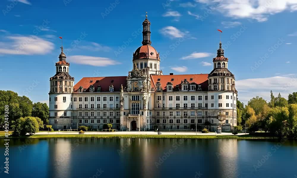 Majestic castle reflected on a calm lake, surrounded by lush trees under a bright sky, evoking fairytale charm and historical elegance. Majestic castle reflected on a calm lake, surrounded by lush trees under a bright sky, evoking fairytale charm and historical elegance.