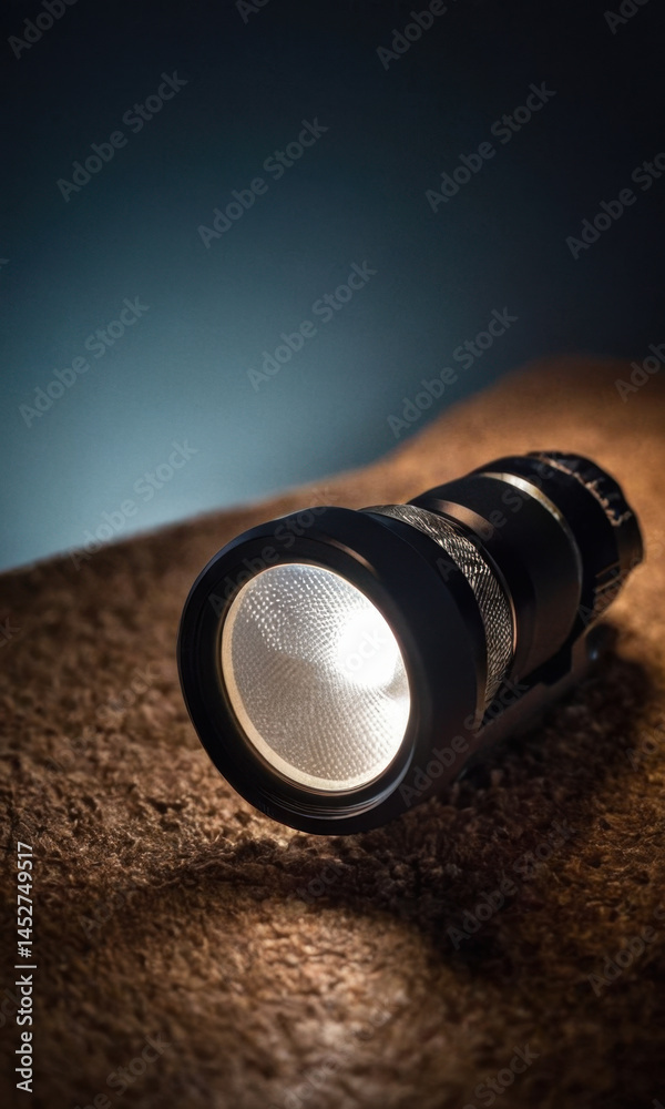 A single flashlight sitting on top of a table