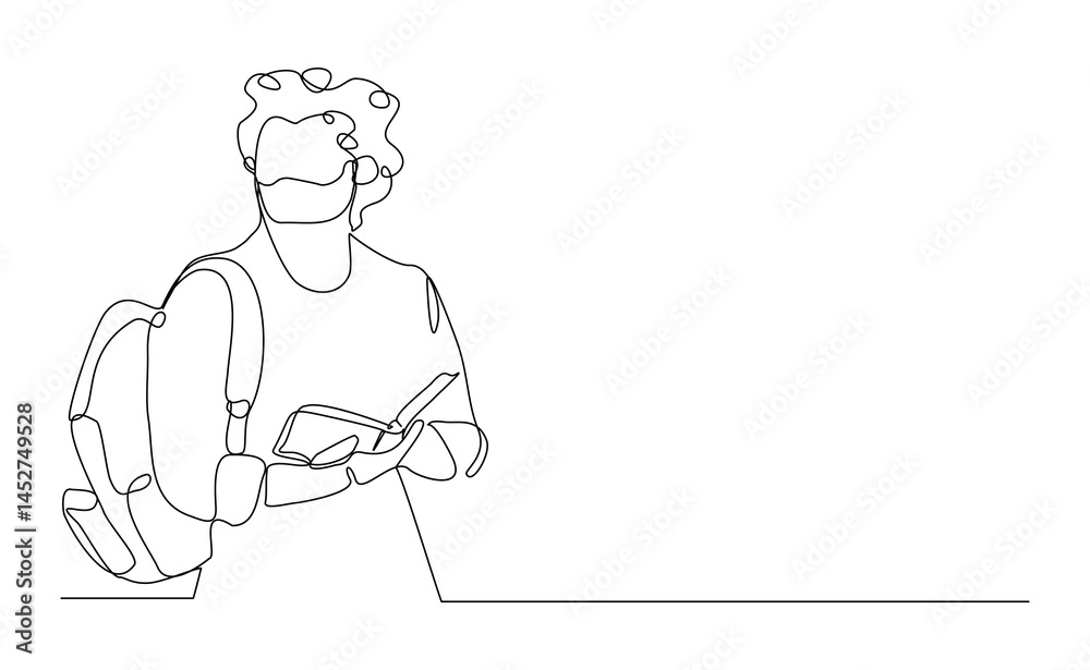 Continuous single line sketch drawing art of college campus student man with bag backpack and stack books. Editable stroke vector illustration Continuous single line sketch drawing art of college campus student man with bag backpack and stack books. Editable stroke vector illustration