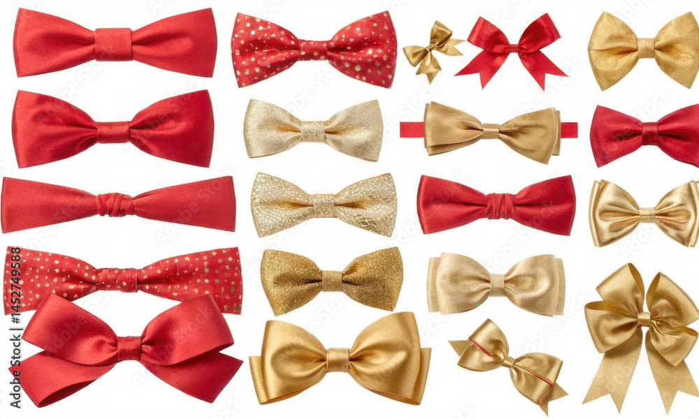 Collection of red and gold bows on a white background, perfect for gift wrapping or decoration