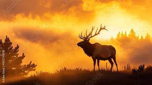 A silhouetted bull elk standing on a misty hilltop under a sky painted with brilliant yellow and orange tones of an early autumn sunset