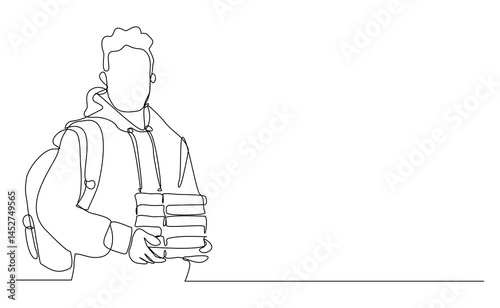 Continuous single line sketch drawing art of college campus student man with bag backpack and stack books. Editable stroke vector illustration