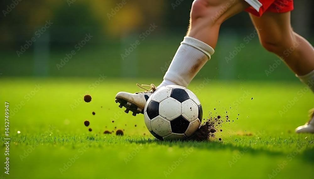 Obraz premium Soccer player kick the ball at the penalty, A soccer player's legs kicking a soccer ball on a grass field, with dirt and grass flying up around the ball, created with generative ai