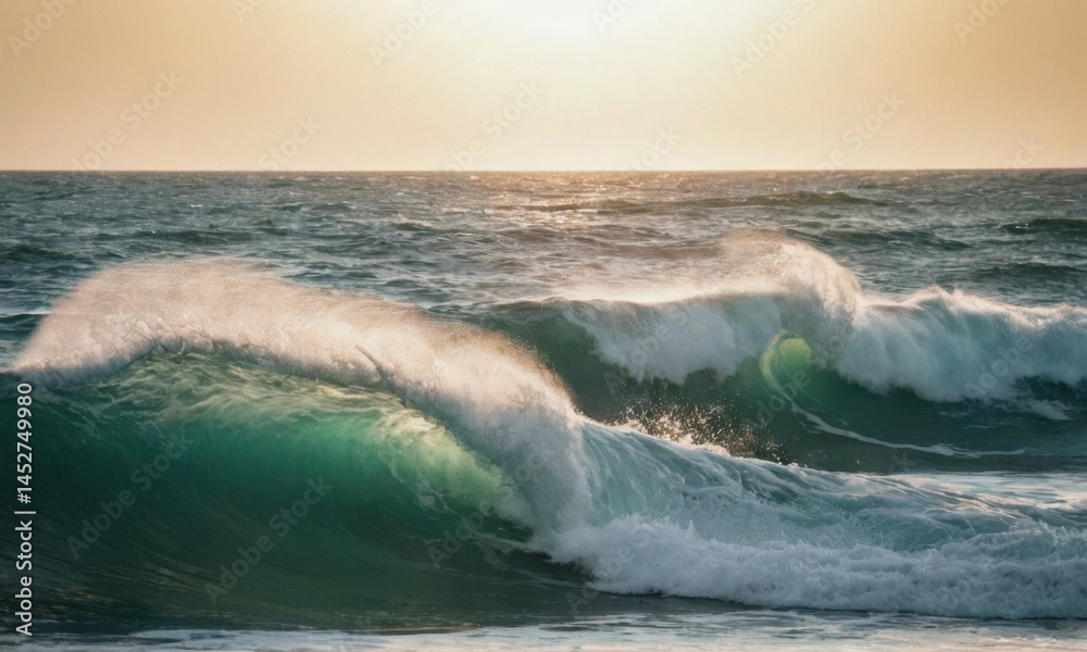 A person rides a surfboard on a large wave in the open ocean
