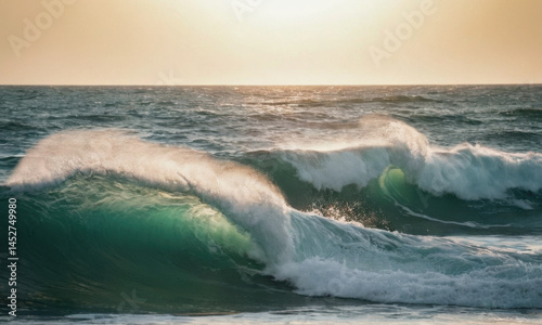 Obraz na płótnie A person rides a surfboard on a large wave in the open ocean w salonie