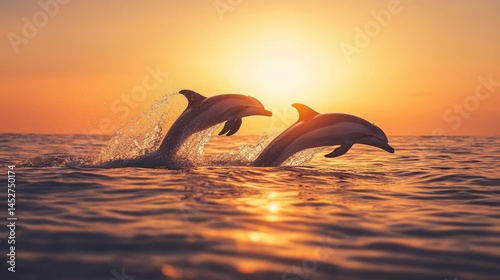 A silhouetted pair of dolphins breaking the surface in perfect unison with sparkling mist spraying up