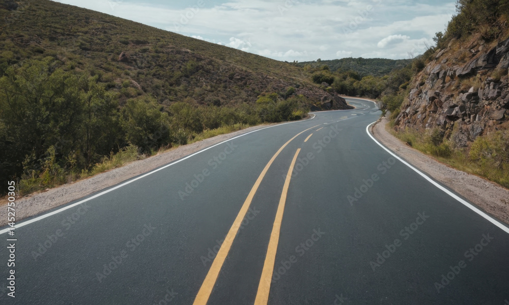 Obraz premium A motorcycle drives along a curved road with lush green surroundings