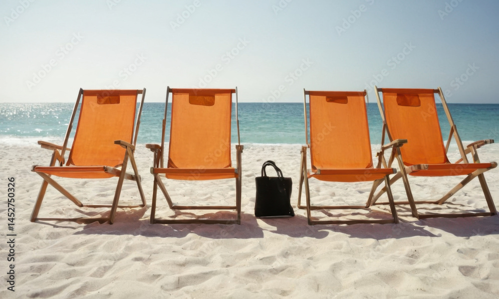 Three lawn chairs sit on a sandy beach with the ocean in the background