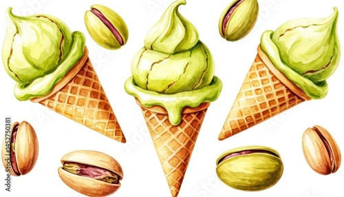 Illustration of green pistachio ice cream cones and pistachio nuts on a white background