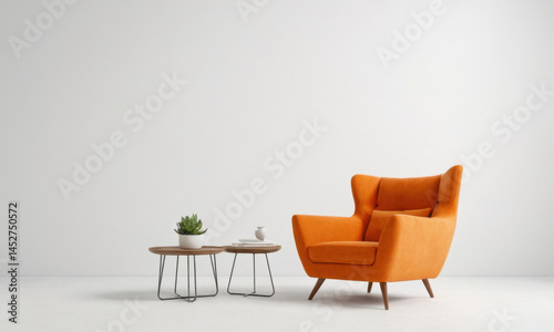 Obraz na płótnie A bright orange chair sits next to a small table, perfect for use in interior design or lifestyle photography w salonie