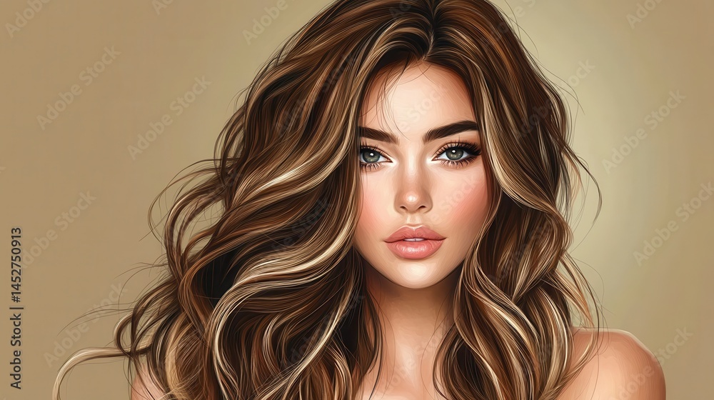 Fototapeta premium Woman with layered brown hair and balayage coloring in salon cape. Hair styling and beauty advertisement