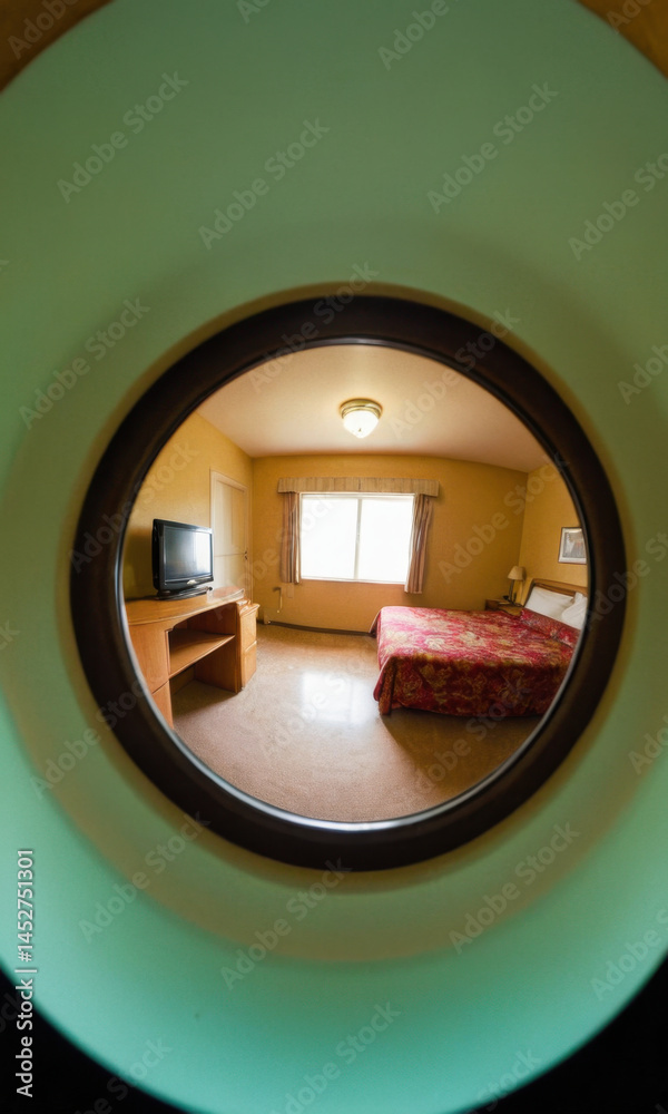 Interior scene showing a bedroom through a round window, with furniture and decor visible