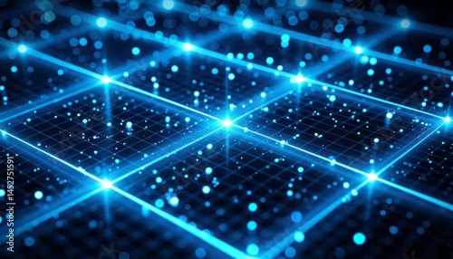 Abstract digital grid with glowing blue lines and dots on a dark background