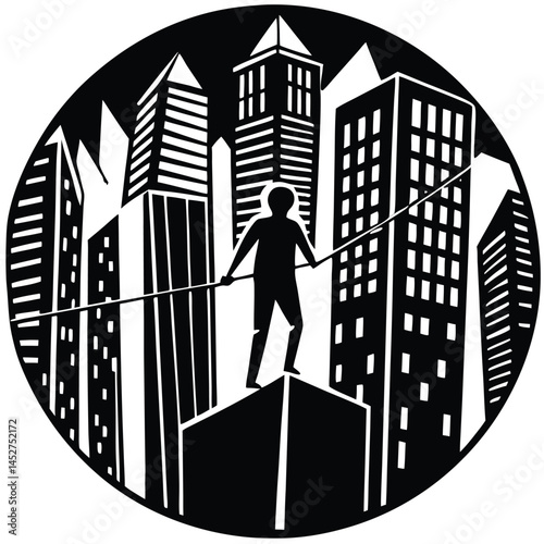 High-Wire Walker in Cityscape Black and White Woodcut Style Illustration