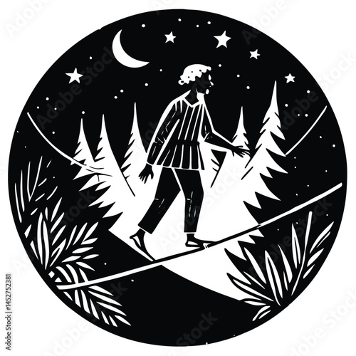 Nighttime Tightrope Walker Woodcut Art Print: Balance, Stars, Moon, Forest Scene