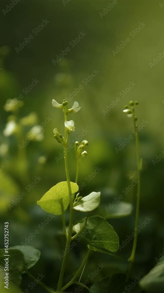 Close-up shot of delicate white flowers and green leaves of a slender plant on a soft green blurred background in natural daylight Close-up shot of delicate white flowers and green leaves of a slender plant on a soft green blurred background in natural daylight