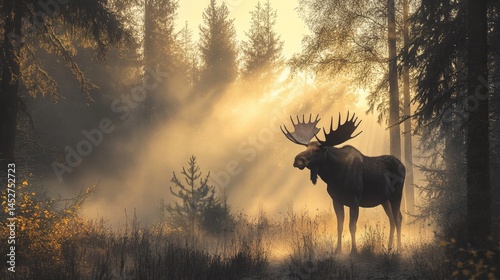 A towering moose standing in a mist-covered forest clearing with dim morning light filtering softly through the trees