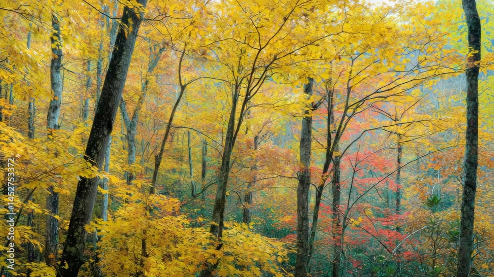 Autumnal woodland landscape featuring vivid yellow and orange foliage on deciduous trees in a dense forested environment, sunny day