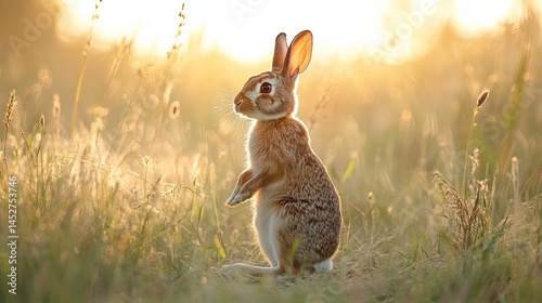 A wild rabbit poised on its hind legs in an open meadow