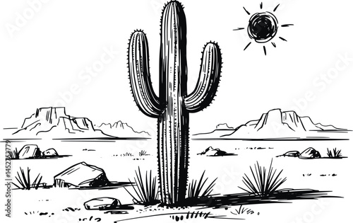 Vintage Hand-Drawn Ink Illustration of Arizona Desert with Cacti, Mountains, Rocks, and Sun in Black and White