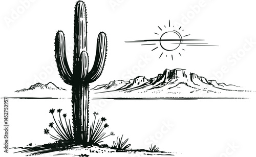 Vintage Hand-Drawn Ink Illustration of Arizona Desert with Cacti, Mountains, Rocks, and Sun in Black and White
