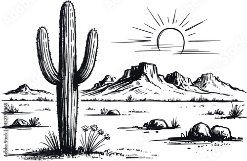 Vintage Hand-Drawn Ink Illustration of Arizona Desert with Cacti, Mountains, Rocks, and Sun in Black and White